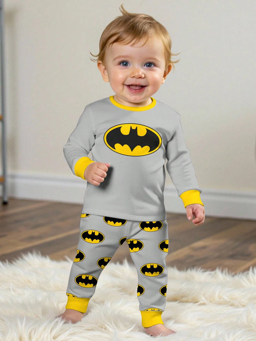 BATMAN X Baby Boy Cute Grey Lounge Pajamas Set,Classic Logo Pattern Color Clashing Long Sleeve Top&Pants,Snug Fit Autumn Loungewear For Fall,Winter,DC Fans