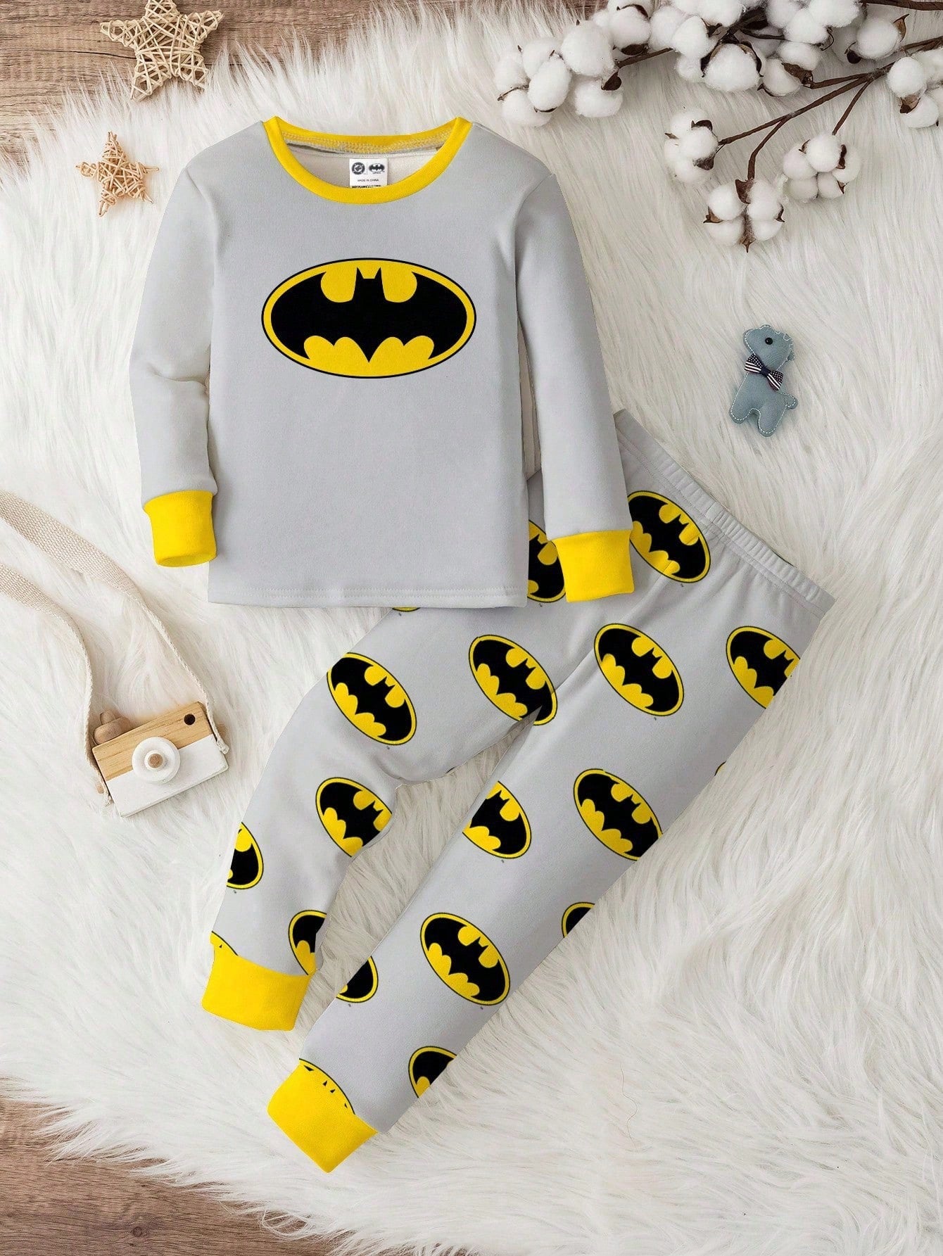 BATMAN X Baby Boy Cute Grey Lounge Pajamas Set,Classic Logo Pattern Color Clashing Long Sleeve Top&Pants,Snug Fit Autumn Loungewear For Fall,Winter,DC Fans