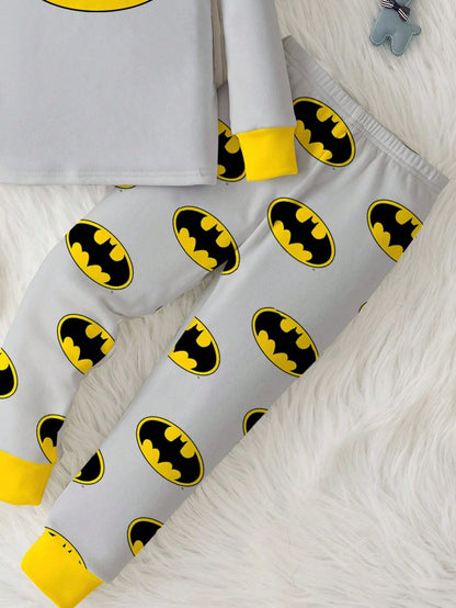 BATMAN X Baby Boy Cute Grey Lounge Pajamas Set,Classic Logo Pattern Color Clashing Long Sleeve Top&Pants,Snug Fit Autumn Loungewear For Fall,Winter,DC Fans