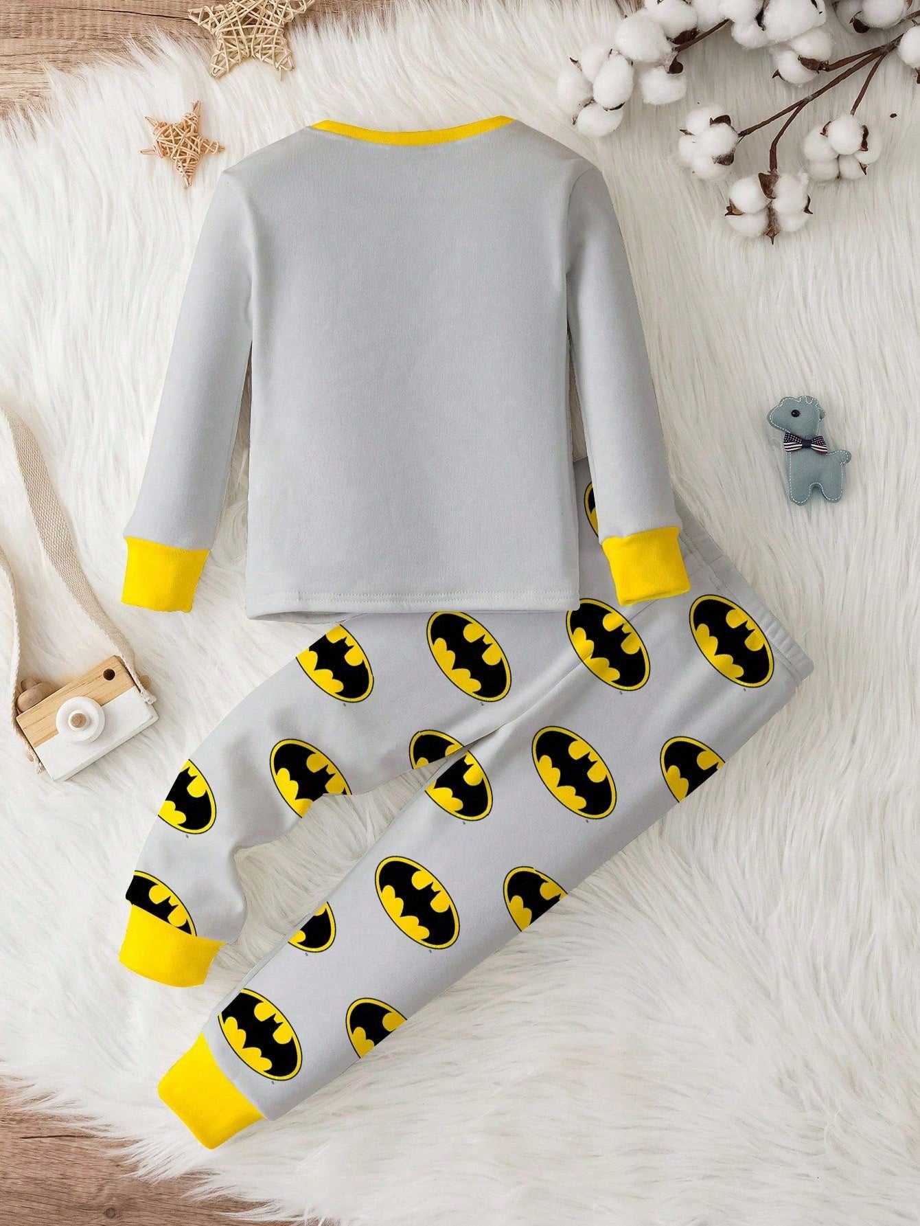 BATMAN X Baby Boy Cute Grey Lounge Pajamas Set,Classic Logo Pattern Color Clashing Long Sleeve Top&Pants,Snug Fit Autumn Loungewear For Fall,Winter,DC Fans