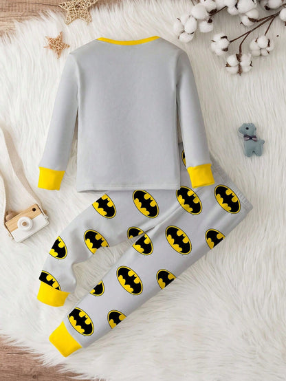 BATMAN X Baby Boy Cute Grey Lounge Pajamas Set,Classic Logo Pattern Color Clashing Long Sleeve Top&Pants,Snug Fit Autumn Loungewear For Fall,Winter,DC Fans