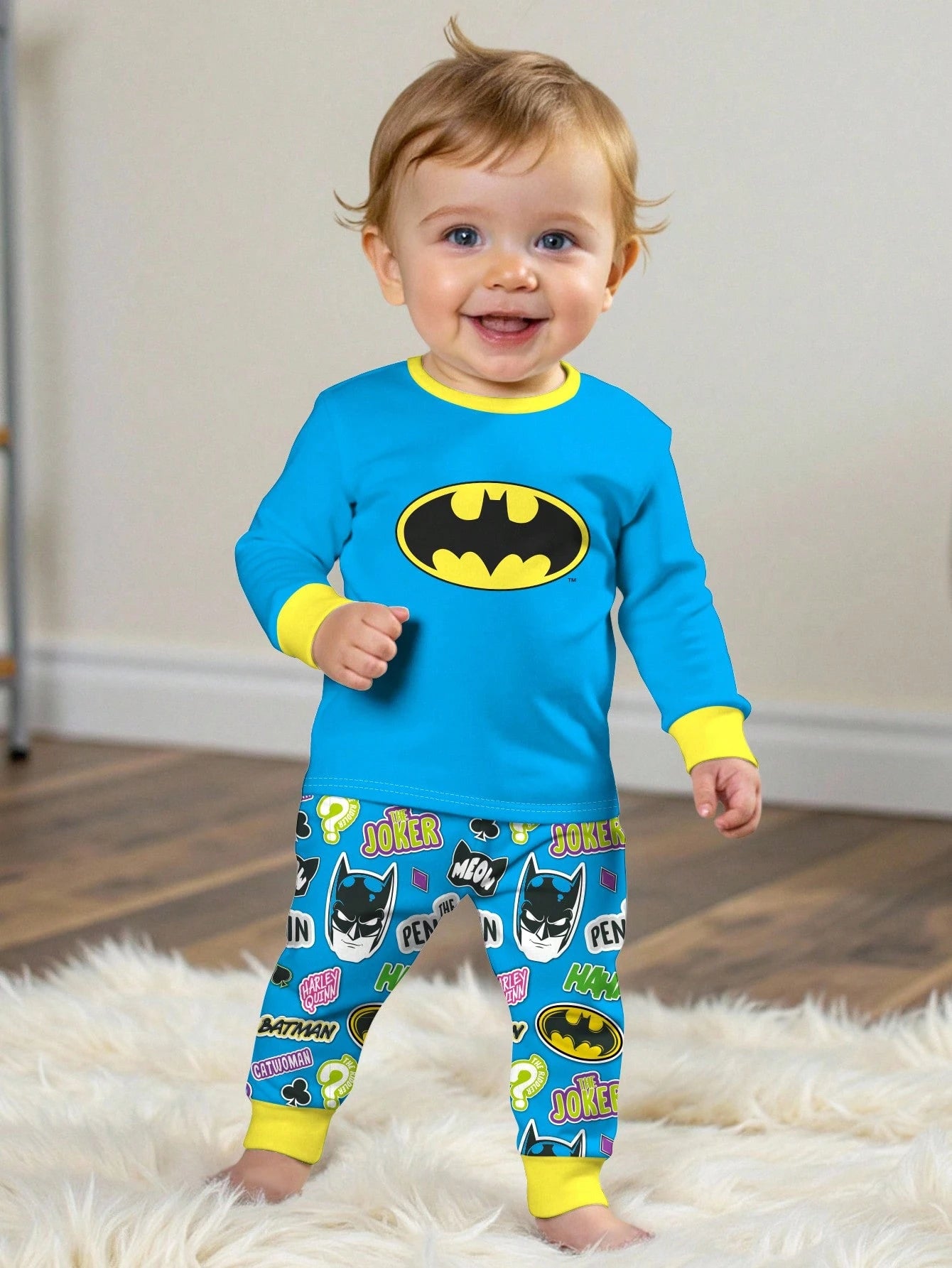 BATMAN X Baby Boy Cute Grey Lounge Pajamas Set,Classic Logo Pattern Color Clashing Long Sleeve Top&Pants,Snug Fit Autumn Loungewear For Fall,Winter,DC Fans