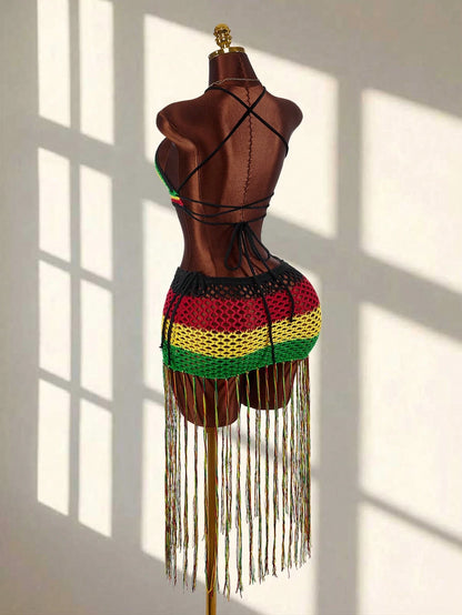 Beach Holiday Holiday Vacation Holiday Casual Boho Backless Criss-Cross Strap Sleeveless Ultra-Low Waist Spaghetti Strap Big Mesh Crochet Tassel Women's Mini Skirt With Women's Tank Top Handmade 2-Pie