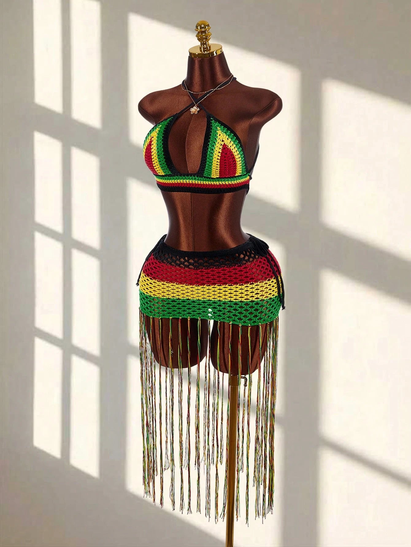 Beach Holiday Holiday Vacation Holiday Casual Boho Backless Criss-Cross Strap Sleeveless Ultra-Low Waist Spaghetti Strap Big Mesh Crochet Tassel Women's Mini Skirt With Women's Tank Top Handmade 2-Pie