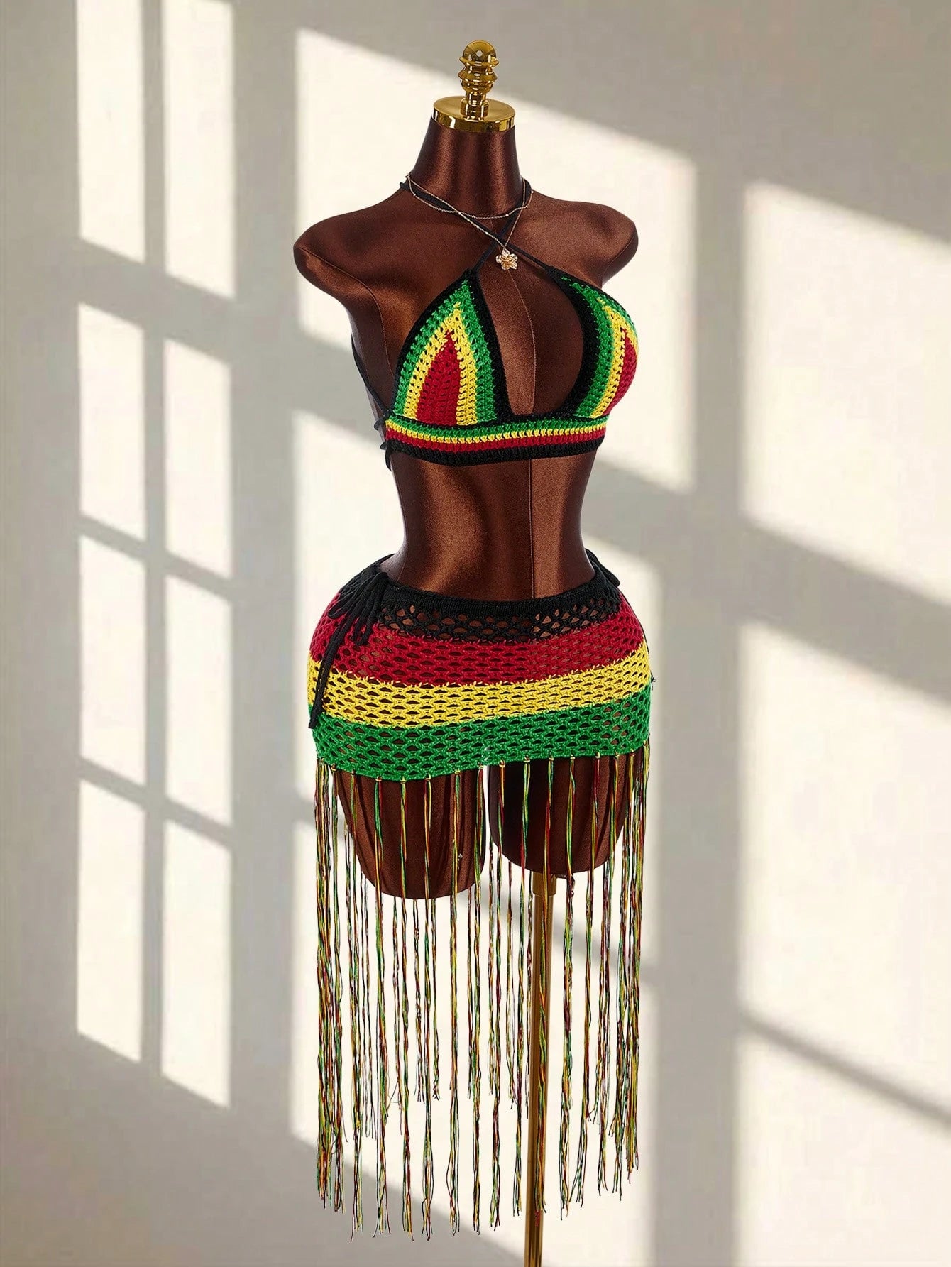 Beach Holiday Holiday Vacation Holiday Casual Boho Backless Criss-Cross Strap Sleeveless Ultra-Low Waist Spaghetti Strap Big Mesh Crochet Tassel Women's Mini Skirt With Women's Tank Top Handmade 2-Pie