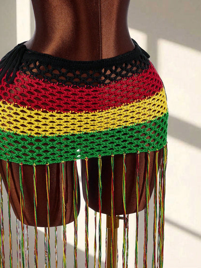 Beach Holiday Holiday Vacation Holiday Casual Boho Backless Criss-Cross Strap Sleeveless Ultra-Low Waist Spaghetti Strap Big Mesh Crochet Tassel Women's Mini Skirt With Women's Tank Top Handmade 2-Pie