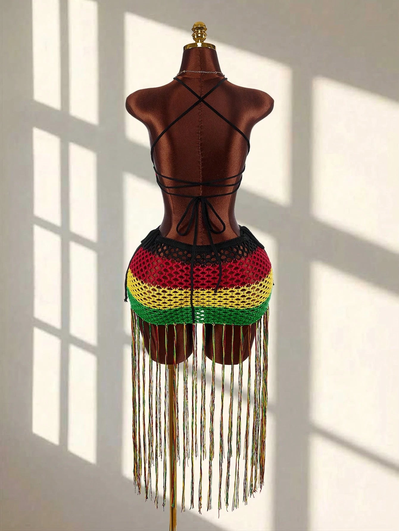 Beach Holiday Holiday Vacation Holiday Casual Boho Backless Criss-Cross Strap Sleeveless Ultra-Low Waist Spaghetti Strap Big Mesh Crochet Tassel Women's Mini Skirt With Women's Tank Top Handmade 2-Pie