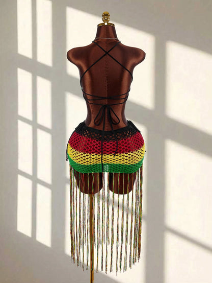 Beach Holiday Holiday Vacation Holiday Casual Boho Backless Criss-Cross Strap Sleeveless Ultra-Low Waist Spaghetti Strap Big Mesh Crochet Tassel Women's Mini Skirt With Women's Tank Top Handmade 2-Pie