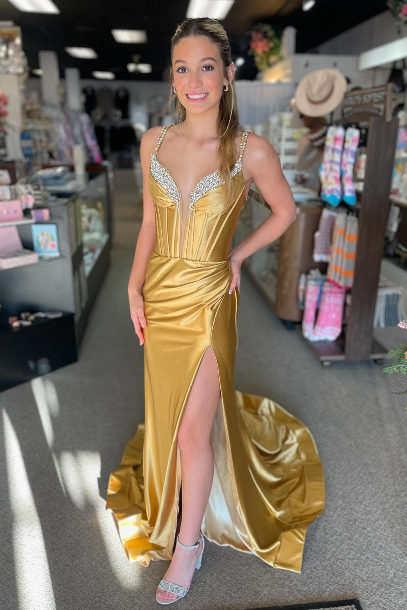 Beaded Corset Mermaid Long Formal Dress with Slit