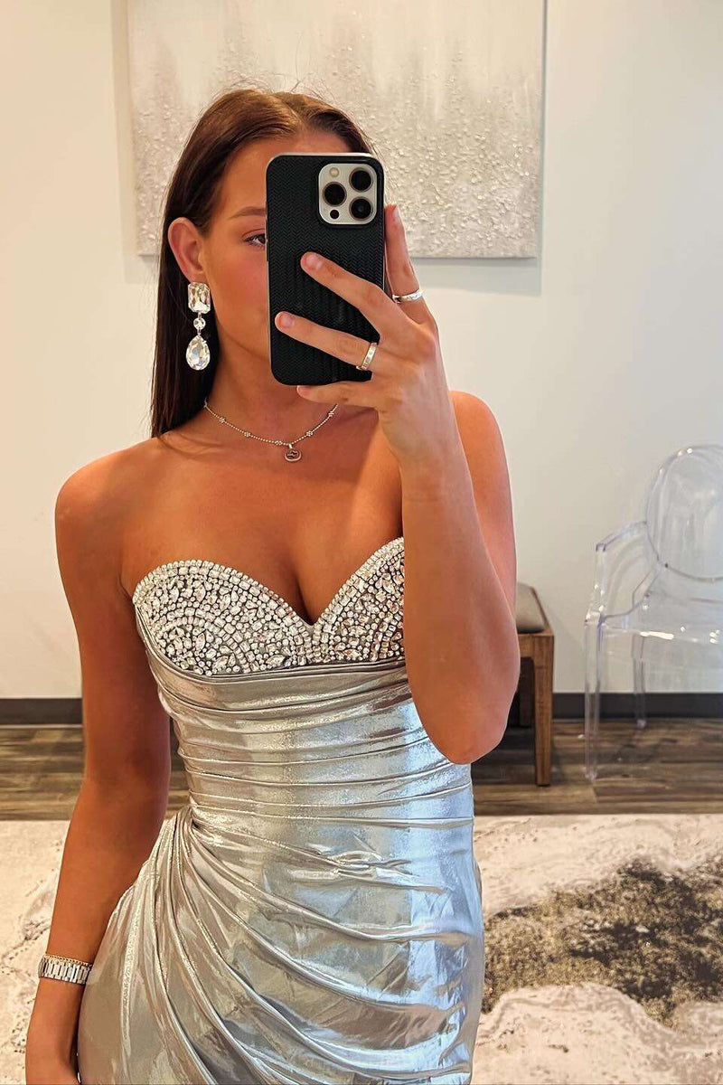 Beaded Gold Metallic Ruched Long Formal Dress