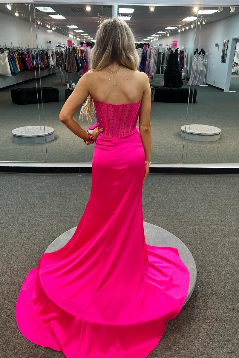Beaded Hot Pink Corset Mermaid Long Formal Dress