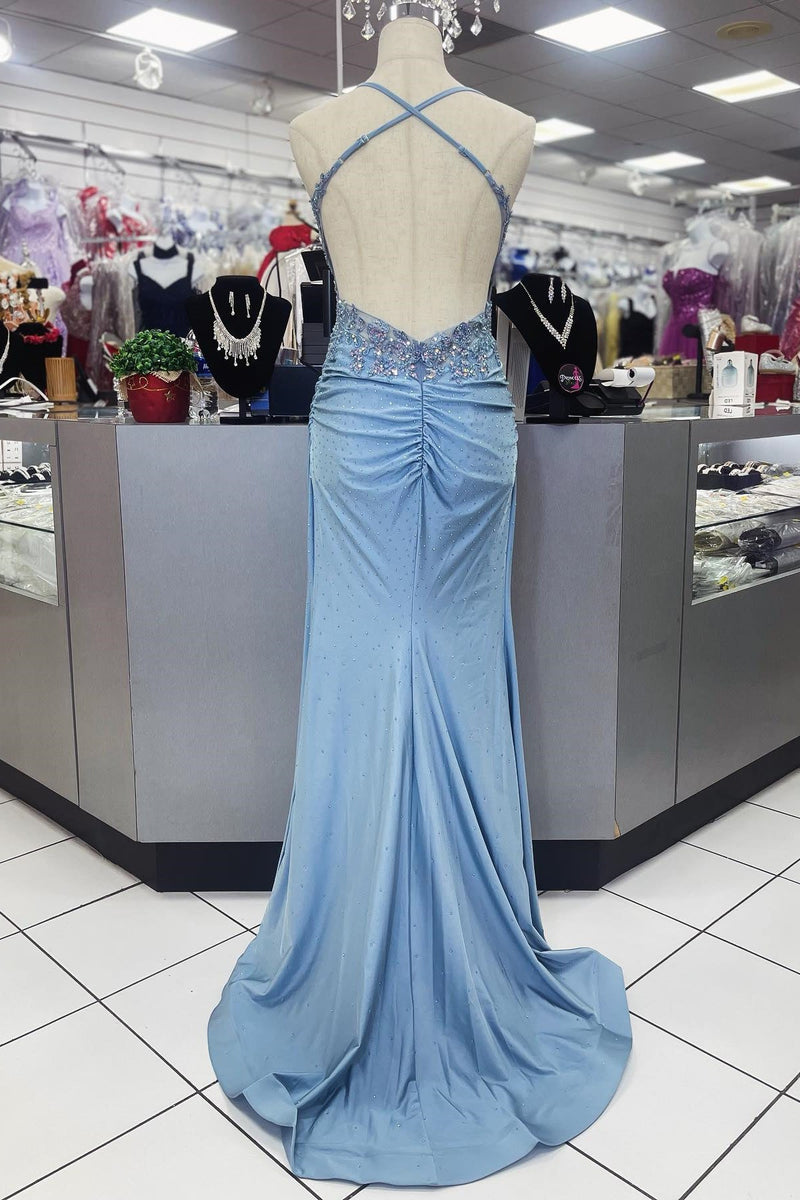 Beaded Light Blue Sheath Long Formal Dress