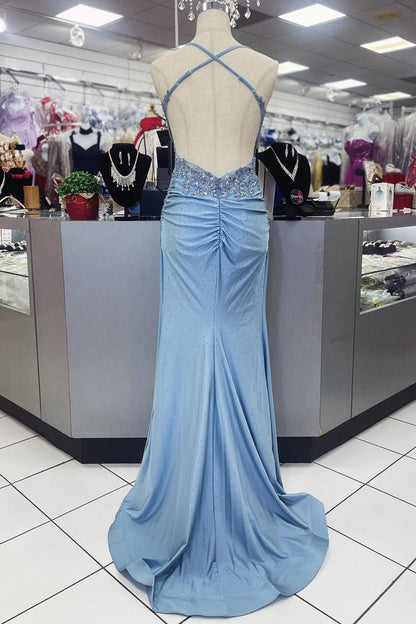 Beaded Light Blue Sheath Long Formal Dress