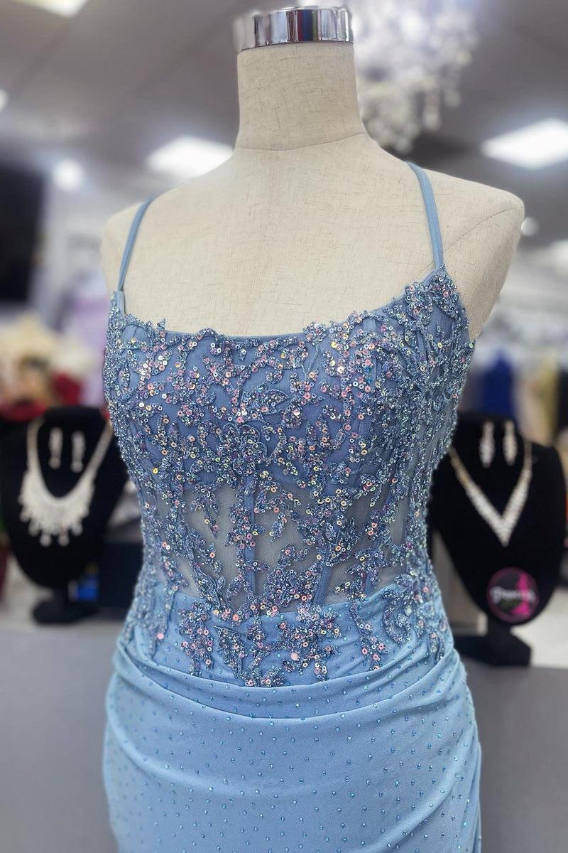 Beaded Light Blue Sheath Long Formal Dress