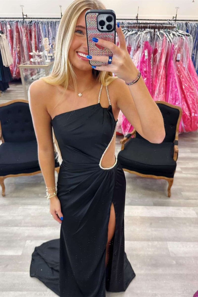 Beaded One Shoulder Black Cutous Long Prom Dress