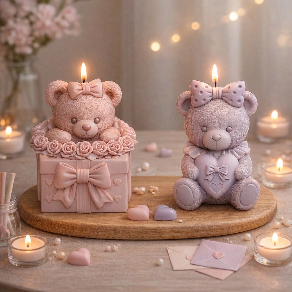 Bear Scented Candle Silicone Mold| Bear Shaped Scented Candles With Bow On Head And Heart/Rose Pearl Gift Box, Craft Gypsum Decorative Items/ Handmade Soap Making Mold