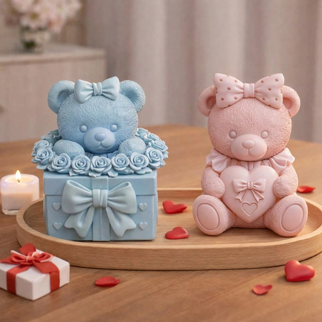 Bear Scented Candle Silicone Mold| Bear Shaped Scented Candles With Bow On Head And Heart/Rose Pearl Gift Box, Craft Gypsum Decorative Items/ Handmade Soap Making Mold