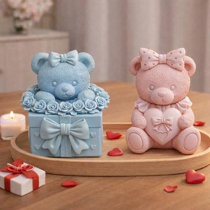 Bear Scented Candle Silicone Mold| Bear Shaped Scented Candles With Bow On Head And Heart/Rose Pearl Gift Box, Craft Gypsum Decorative Items/ Handmade Soap Making Mold