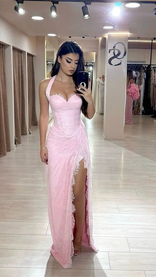 Beautiful Pink Sweetheart Halter Sleeveless Lace Prom Dress Mermaid With Side Split,AST2304