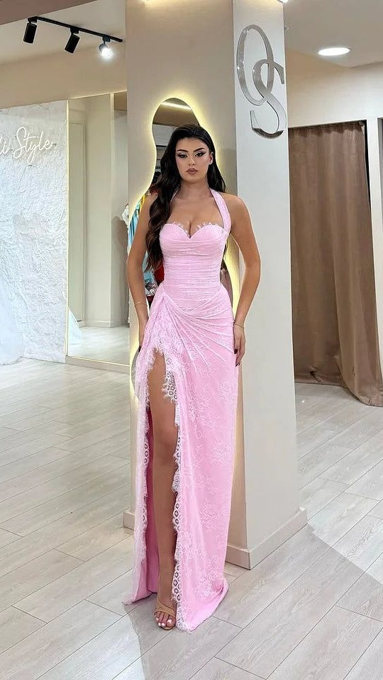 Beautiful Pink Sweetheart Halter Sleeveless Lace Prom Dress Mermaid With Side Split,AST2304