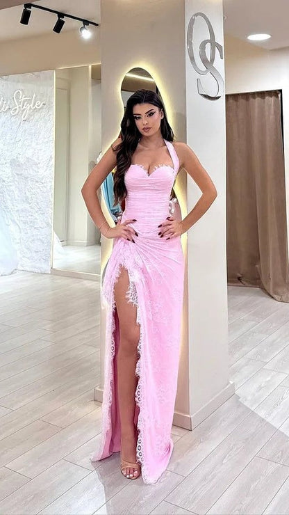 Beautiful Pink Sweetheart Halter Sleeveless Lace Prom Dress Mermaid With Side Split,AST2304