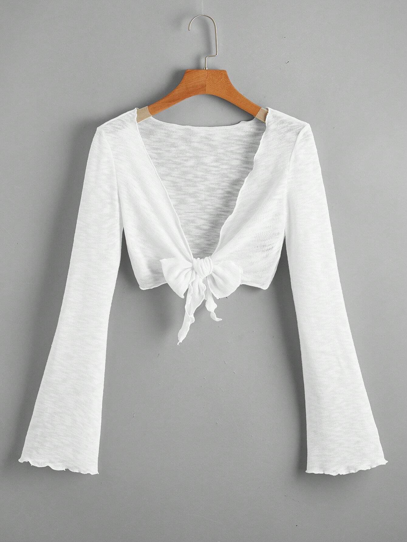 Bell Sleeve Lettuce Trim Tie Front Kimono Summer