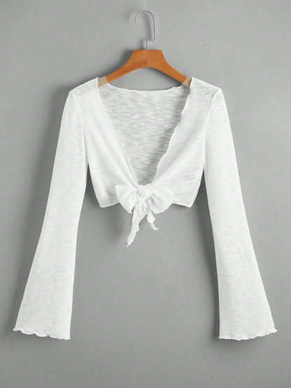Bell Sleeve Lettuce Trim Tie Front Kimono Summer