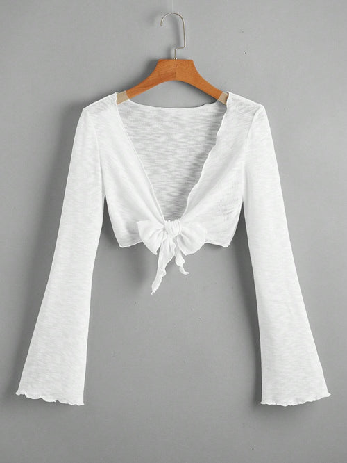 Bell Sleeve Lettuce Trim Tie Front Kimono Summer