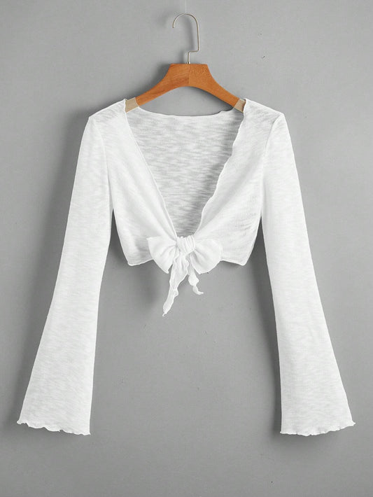Bell Sleeve Lettuce Trim Tie Front Kimono Summer