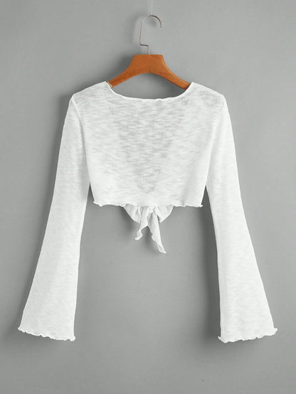 Bell Sleeve Lettuce Trim Tie Front Kimono Summer