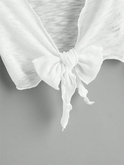 Bell Sleeve Lettuce Trim Tie Front Kimono Summer
