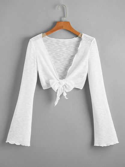 Bell Sleeve Lettuce Trim Tie Front Kimono Summer