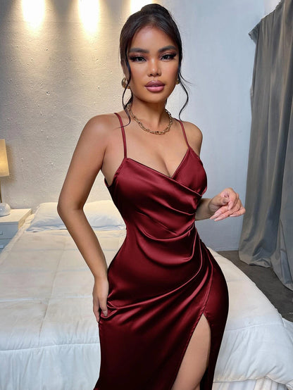 Belle Burgundy Red Back Tie Pleated Side Wrap Hem Slit Satin Camisole Elegant Wedding Guest Dress,Summer Dresses For Women,Tea Party Dress