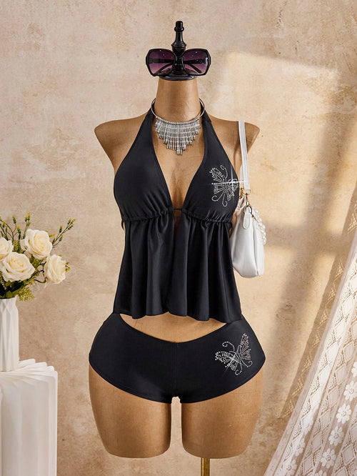 Bellisia 2026 Women's Black Tankini Swimwear Set,Rhinestone Floral 2 Pieces Bathing Suit,Tummy Control Y2k Swimwear,Bohemian Summer Beach Holiday Bikini Set