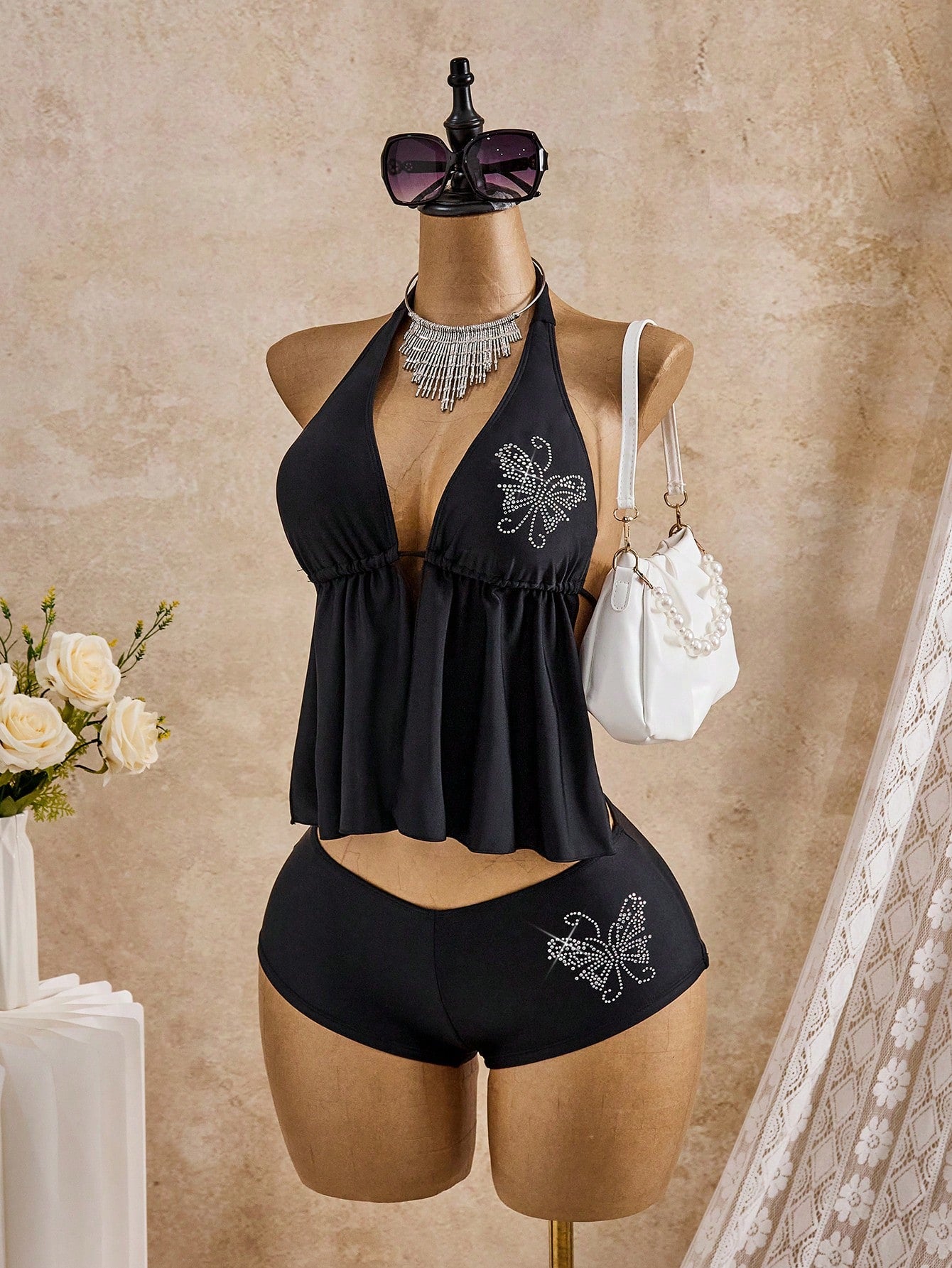 Bellisia 2026 Women's Black Tankini Swimwear Set,Rhinestone Floral 2 Pieces Bathing Suit,Tummy Control Y2k Swimwear,Bohemian Summer Beach Holiday Bikini Set
