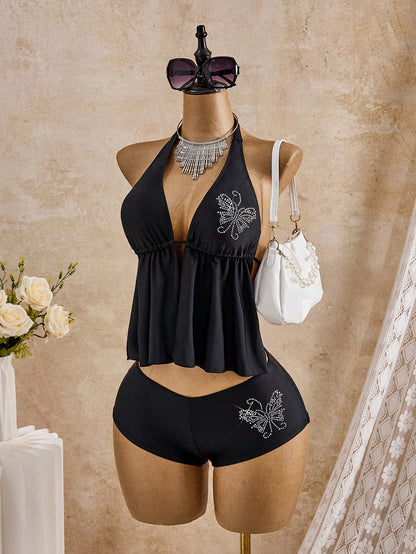 Bellisia 2026 Women's Black Tankini Swimwear Set,Rhinestone Floral 2 Pieces Bathing Suit,Tummy Control Y2k Swimwear,Bohemian Summer Beach Holiday Bikini Set