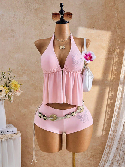 Bellisia 2026 Women's Black Tankini Swimwear Set,Rhinestone Floral 2 Pieces Bathing Suit,Tummy Control Y2k Swimwear,Bohemian Summer Beach Holiday Bikini Set