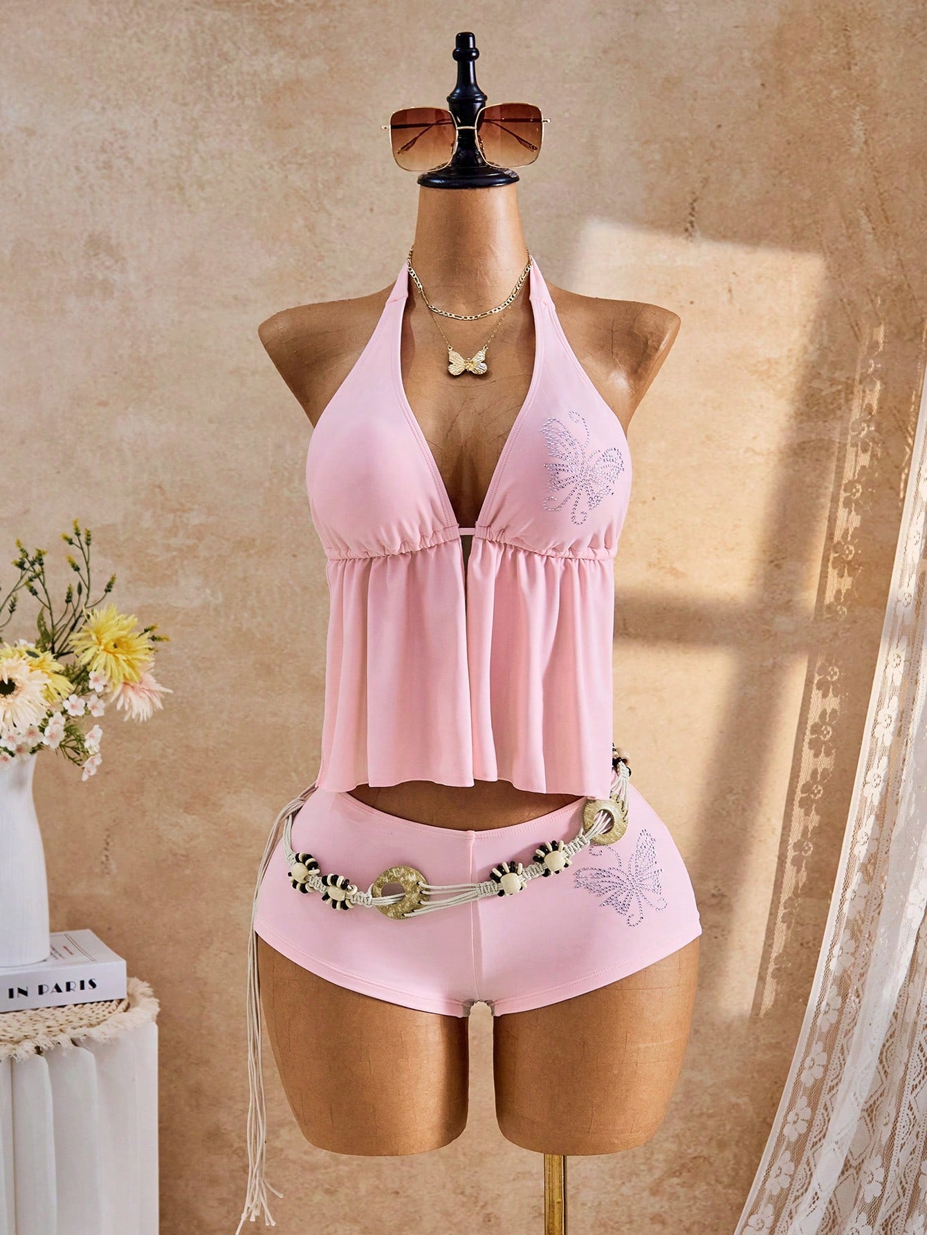 Bellisia 2026 Women's Black Tankini Swimwear Set,Rhinestone Floral 2 Pieces Bathing Suit,Tummy Control Y2k Swimwear,Bohemian Summer Beach Holiday Bikini Set