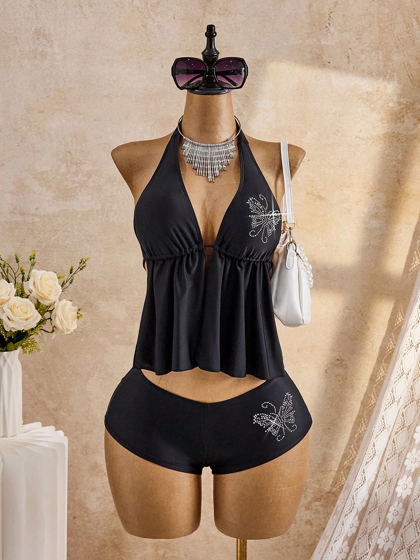 Bellisia 2026 Women's Black Tankini Swimwear Set,Rhinestone Floral 2 Pieces Bathing Suit,Tummy Control Y2k Swimwear,Bohemian Summer Beach Holiday Bikini Set
