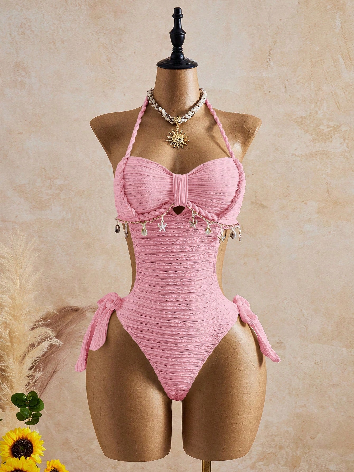 Bellisia 26SS Spring/Summer Vacation Apricot Vintage Square Neck Slimming Braided Rope Starfish Shell Halter One-Piece Bikini Top And Skirt Swimsuit 2-Piece Set
