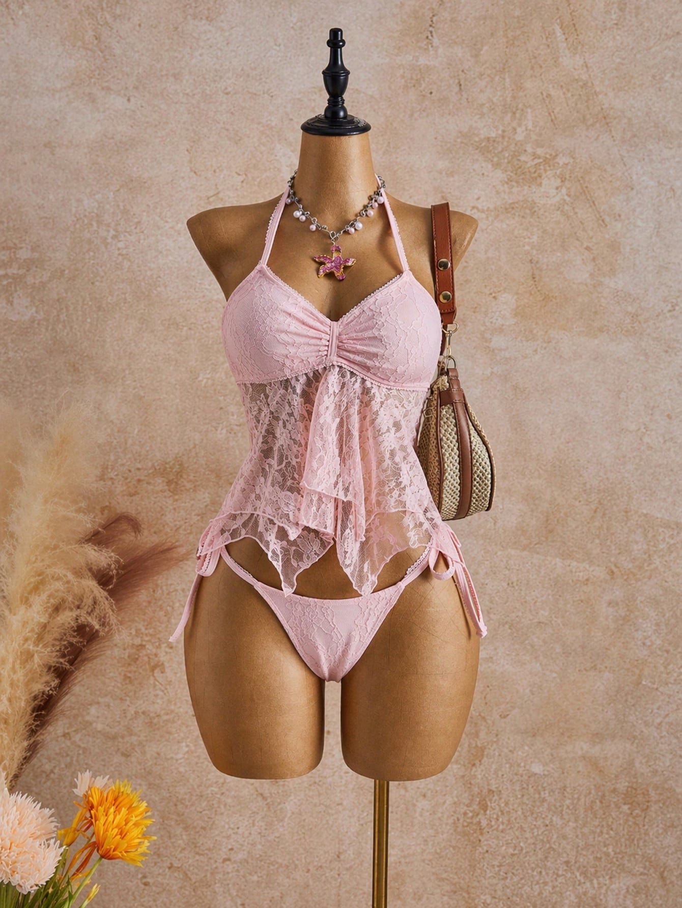 Bellisia 26SS Spring/Summer Vacation Beach Ivory Lace Floral Trim Cute Sweet Bow Bikini Set, 2pcs
