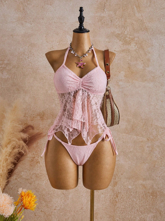 Bellisia 26SS Spring/Summer Vacation Beach Ivory Lace Floral Trim Cute Sweet Bow Bikini Set, 2pcs