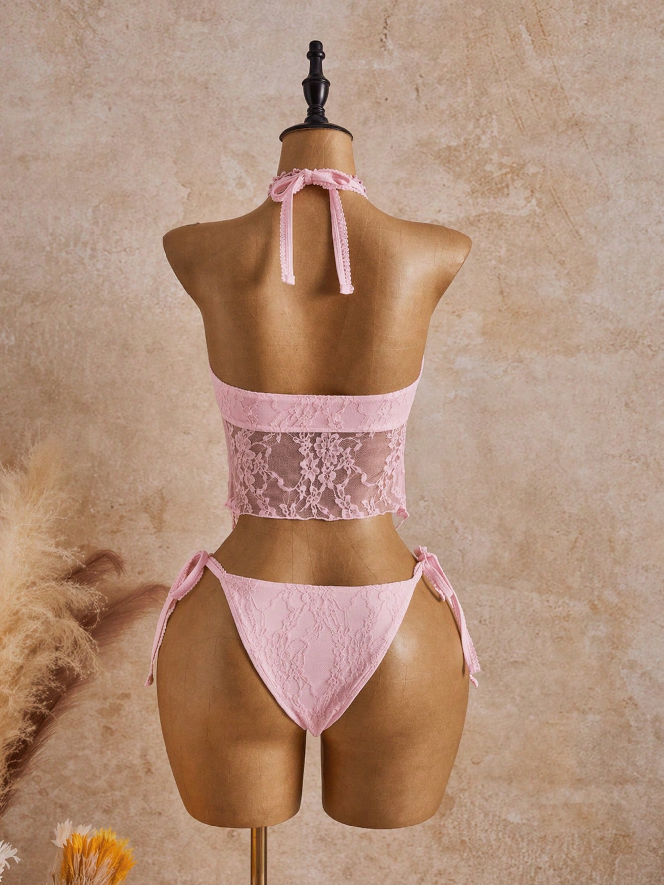 Bellisia 26SS Spring/Summer Vacation Beach Ivory Lace Floral Trim Cute Sweet Bow Bikini Set, 2pcs