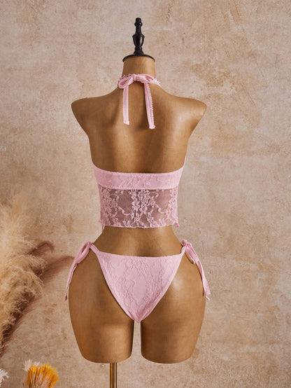 Bellisia 26SS Spring/Summer Vacation Beach Ivory Lace Floral Trim Cute Sweet Bow Bikini Set, 2pcs