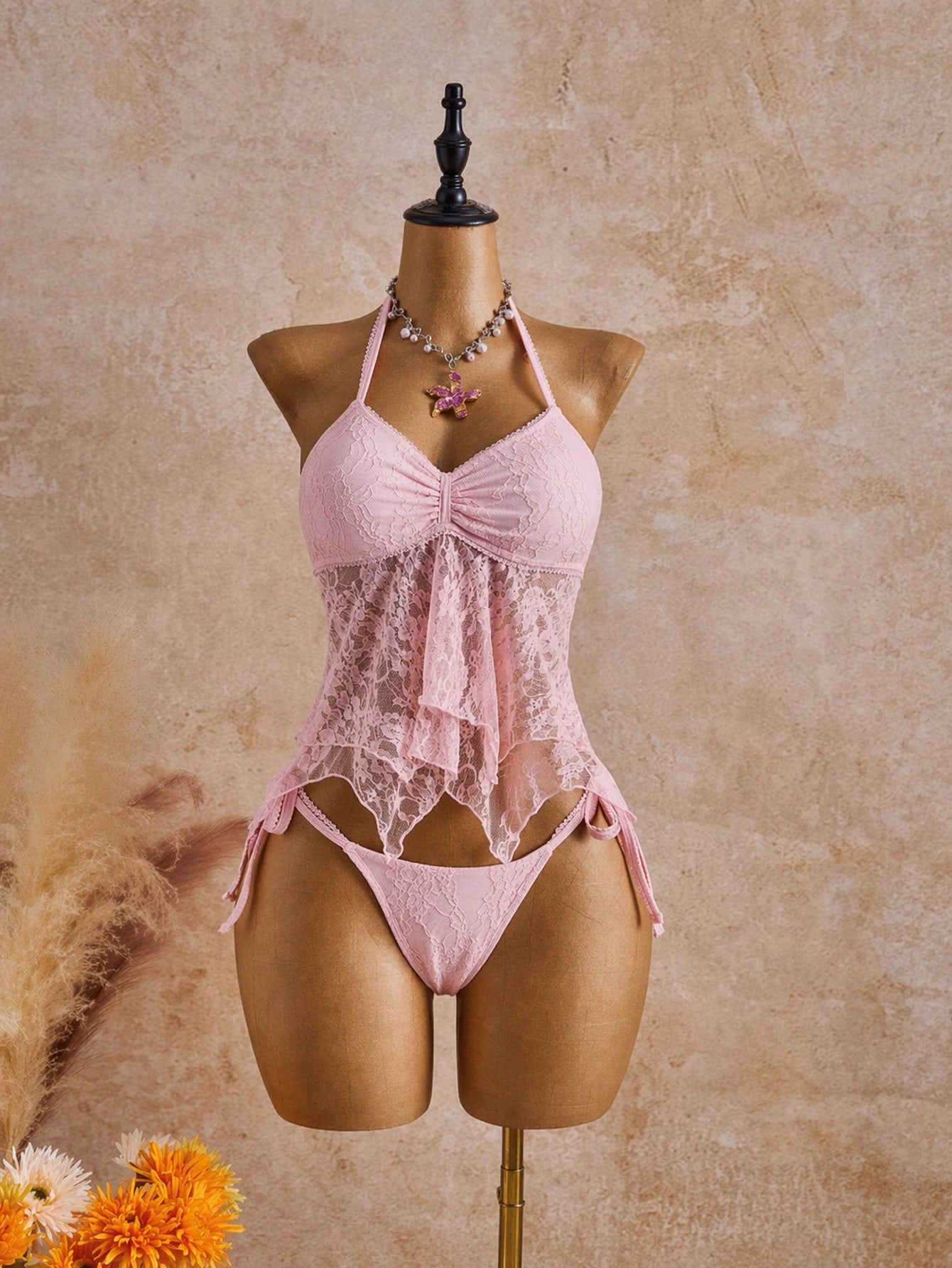 Bellisia 26SS Spring/Summer Vacation Beach Ivory Lace Floral Trim Cute Sweet Bow Bikini Set, 2pcs
