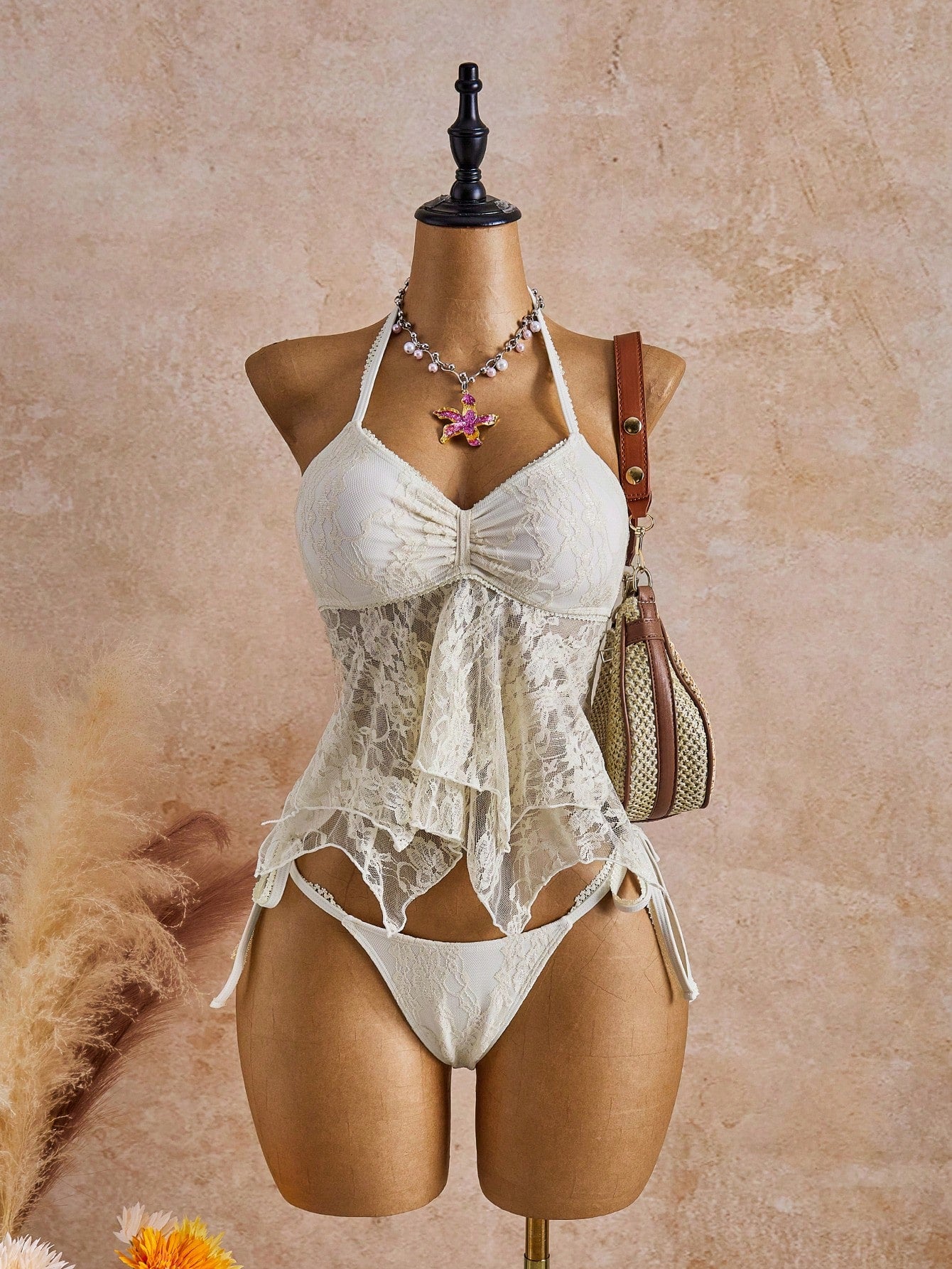 Bellisia 26SS Spring/Summer Vacation Beach Ivory Lace Floral Trim Cute Sweet Bow Bikini Set, 2pcs
