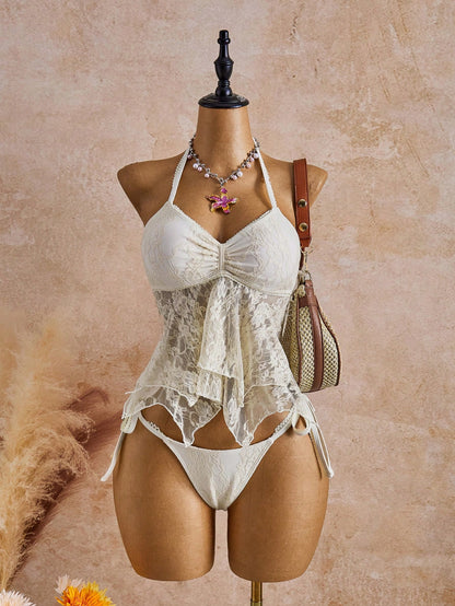 Bellisia 26SS Spring/Summer Vacation Beach Ivory Lace Floral Trim Cute Sweet Bow Bikini Set, 2pcs