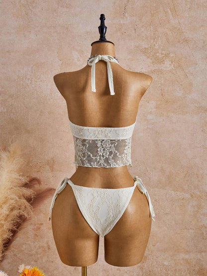 Bellisia 26SS Spring/Summer Vacation Beach Ivory Lace Floral Trim Cute Sweet Bow Bikini Set, 2pcs
