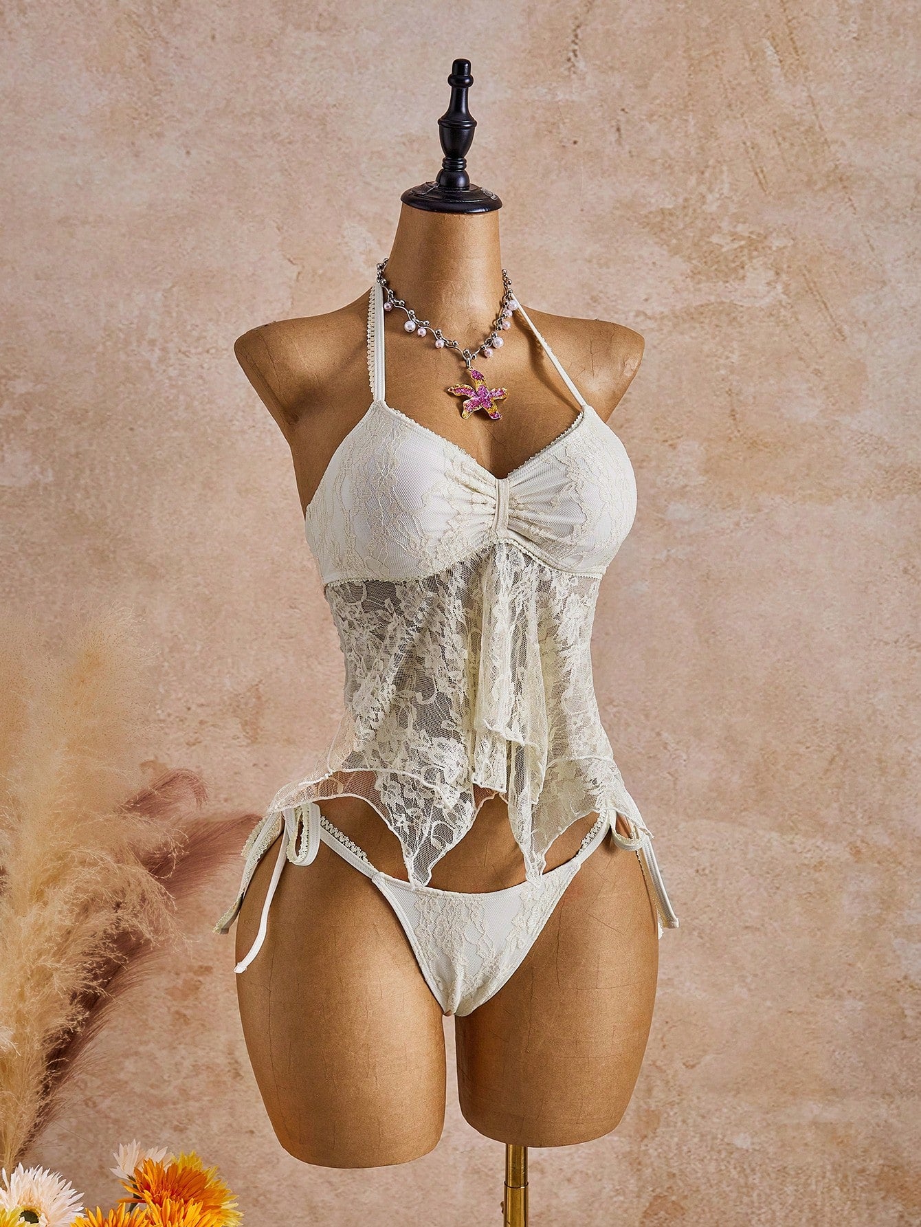 Bellisia 26SS Spring/Summer Vacation Beach Ivory Lace Floral Trim Cute Sweet Bow Bikini Set, 2pcs