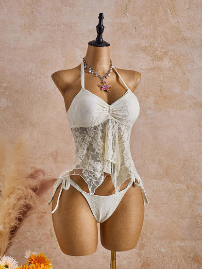 Bellisia 26SS Spring/Summer Vacation Beach Ivory Lace Floral Trim Cute Sweet Bow Bikini Set, 2pcs
